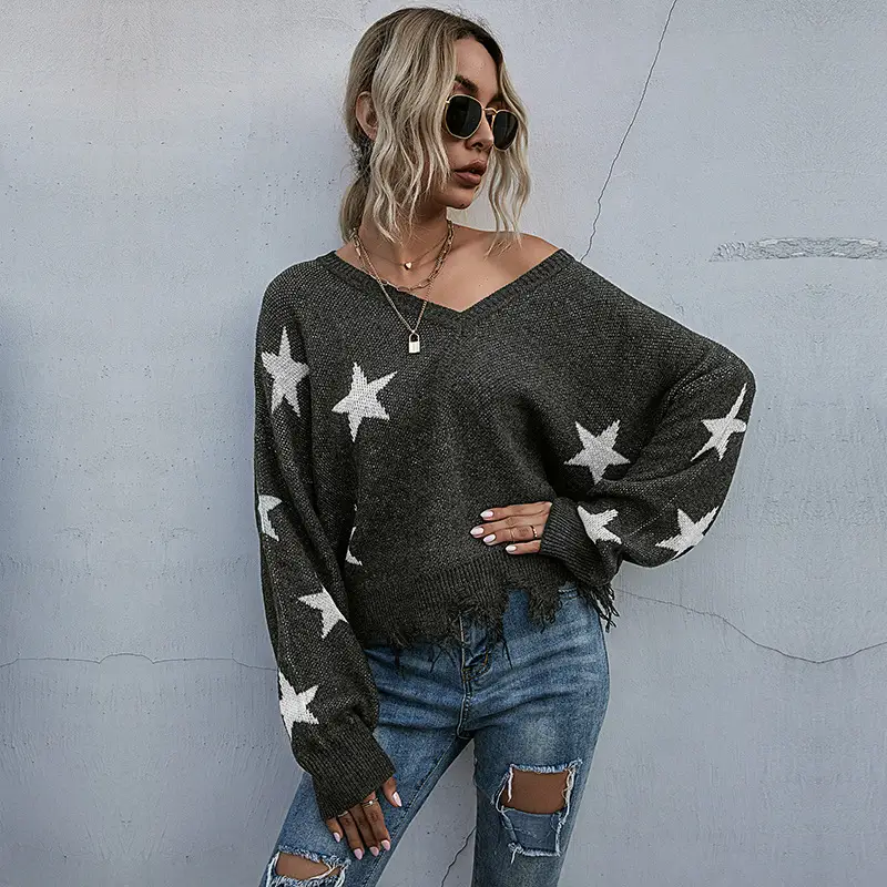 Star Pattern V-Neck Knit Sweater for Women - Image 4