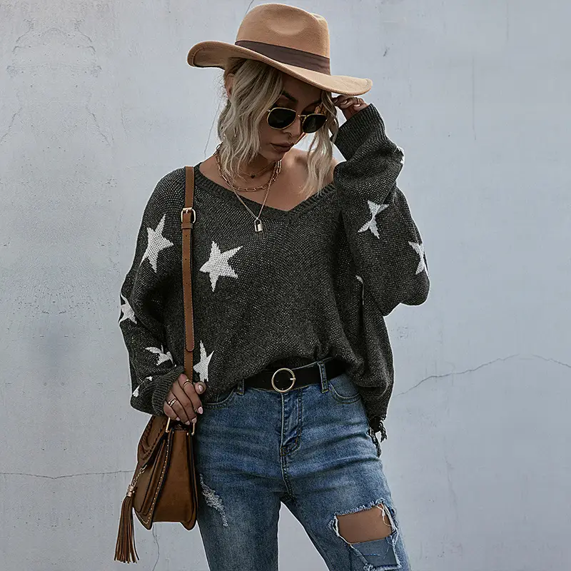 Star Pattern V-Neck Knit Sweater for Women - Image 6