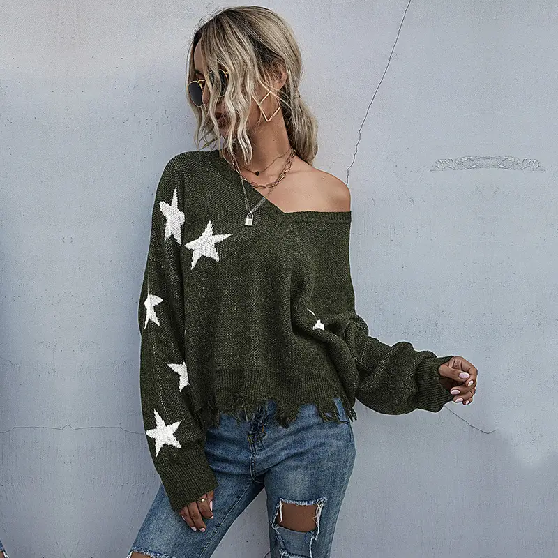 Star Pattern V-Neck Knit Sweater for Women - Image 2