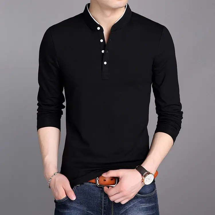 Men Grey Button Collar Long Sleeve Shirt - Image 2