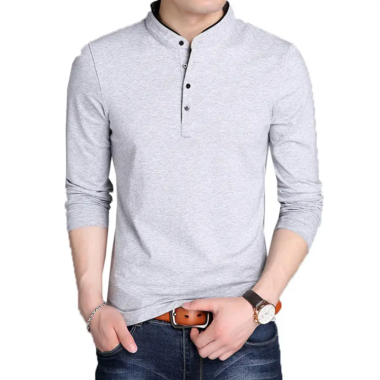 Men Grey Button Collar Long Sleeve Shirt - Image 4
