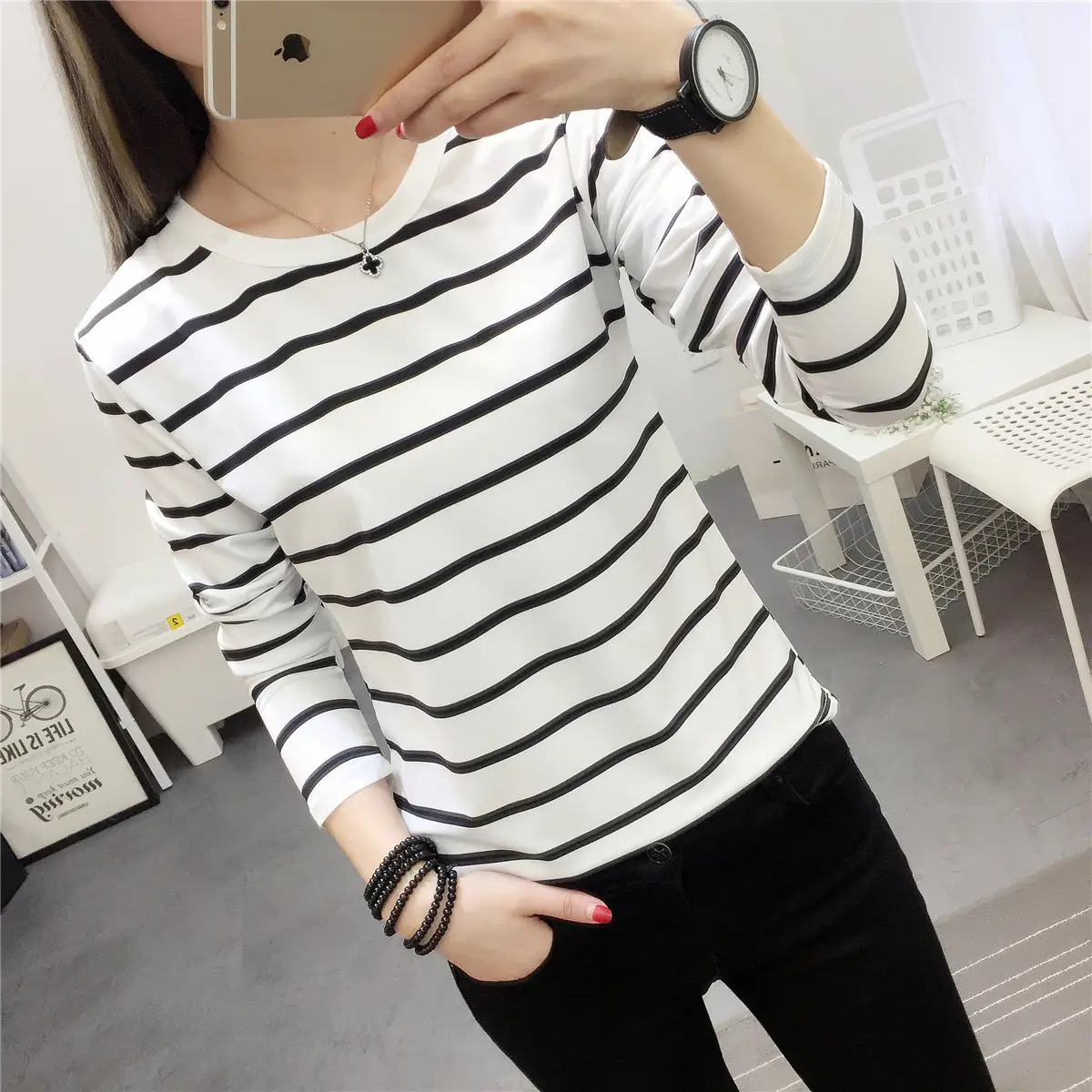 Women 2023 Black White Striped T-Shirt Slim Fit - Image 3
