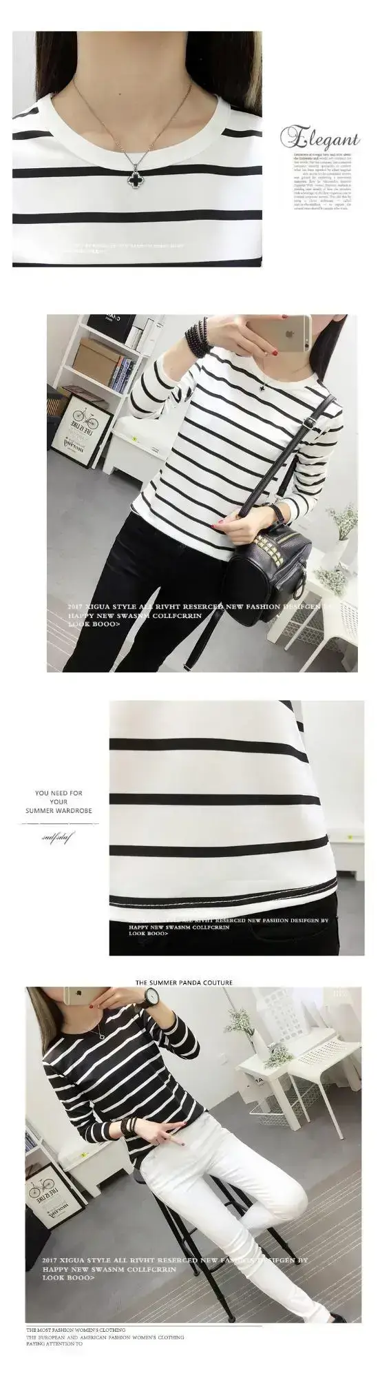Women 2023 Black White Striped T-Shirt Slim Fit — feature 13