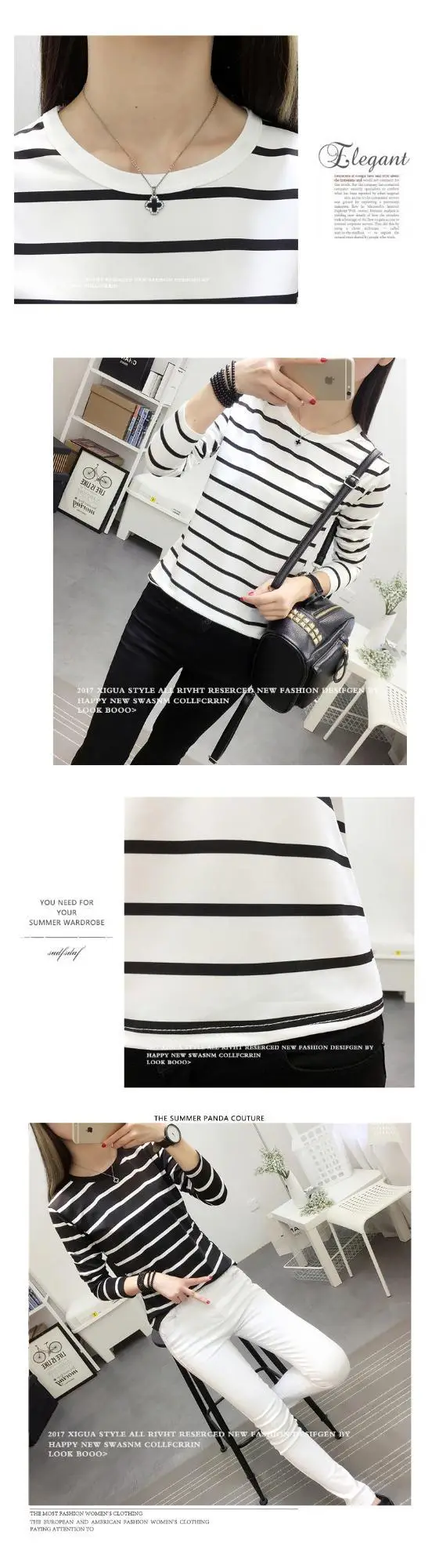 Women 2023 Black White Striped T-Shirt Slim Fit — feature 15