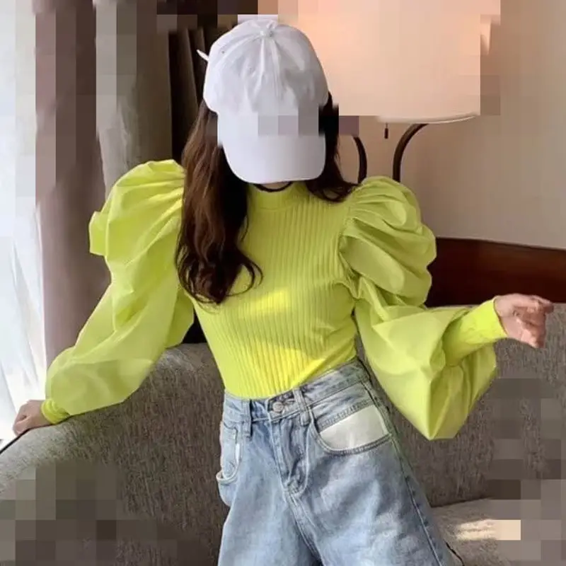 Korean Style Bubble Sleeve Top Yellow Women