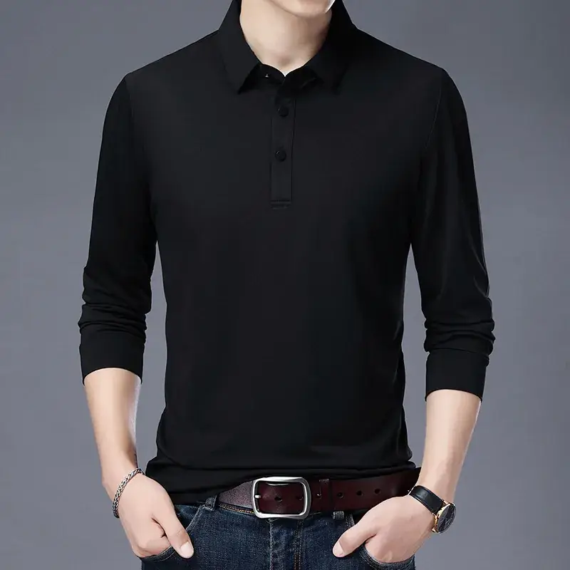 Men's Black Long Sleeve Polo Shirt with Belt - Image 4