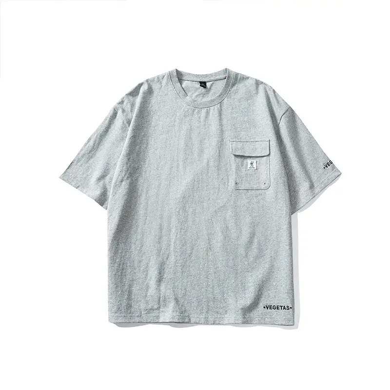Summer Japanese Style Grey Cotton T-Shirt with Pocket - Image 9