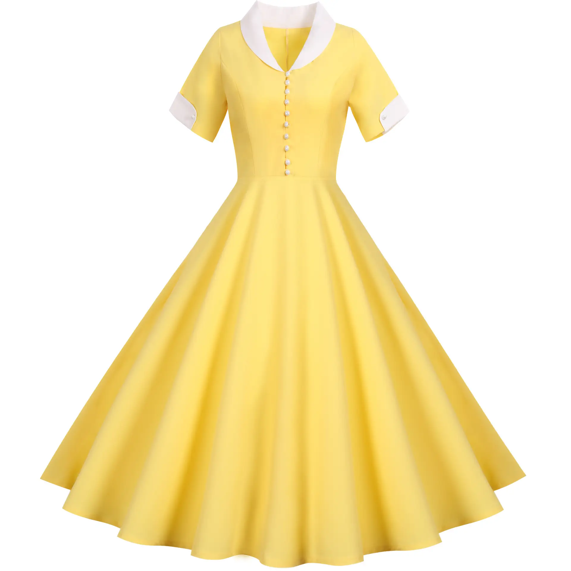 Yellow Short-Sleeve Swing Dress for Women — feature 2