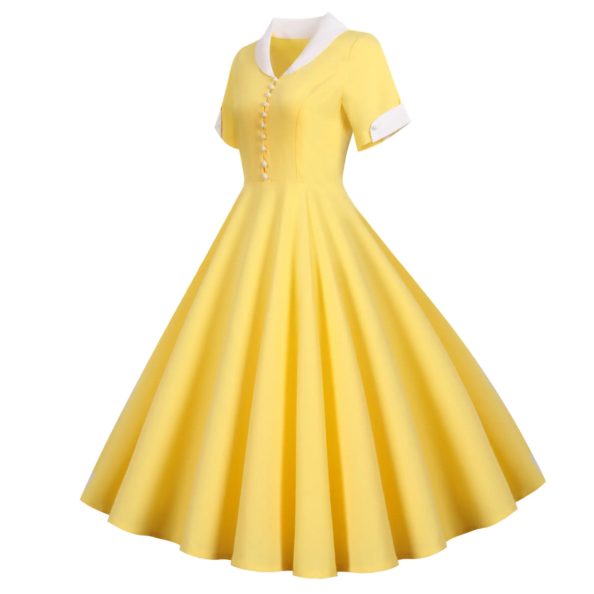Yellow Short-Sleeve Swing Dress for Women — feature 3