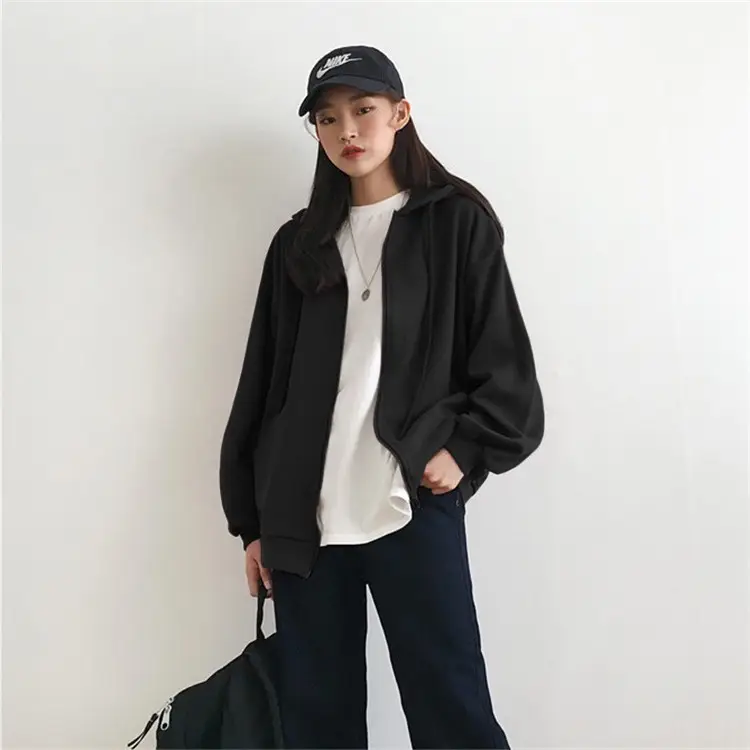 Women Grey Hooded Zipper Cardigan Jacket 2025 Autumn - Image 3