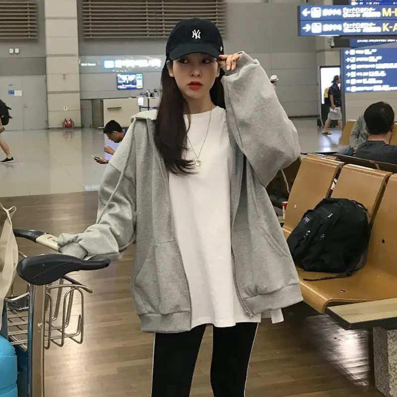 Women Grey Hooded Zipper Cardigan Jacket 2025 Autumn - Image 4