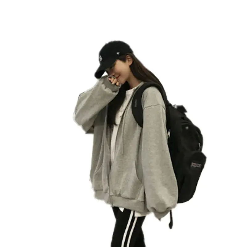 Women Grey Hooded Zipper Cardigan Jacket 2025 Autumn - Image 6