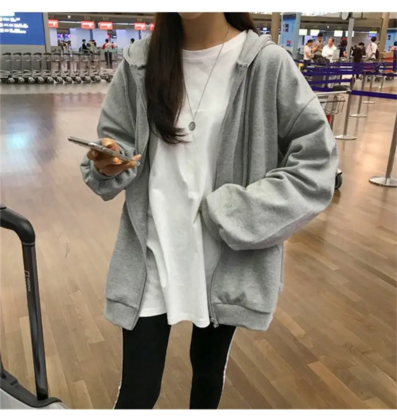 Women Grey Hooded Zipper Cardigan Jacket 2025 Autumn — feature 6