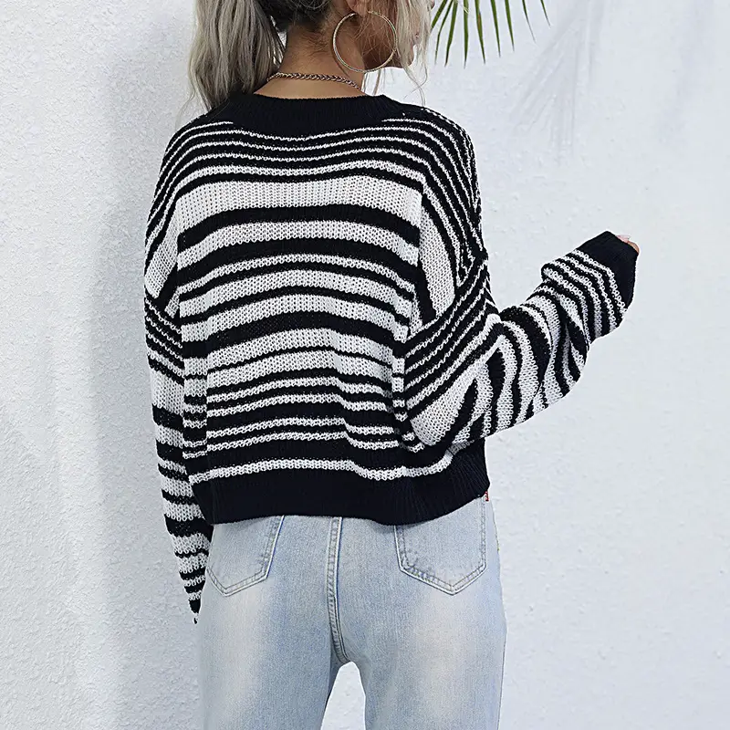 Long Sleeve Striped Knit Sweater Black White - Image 5