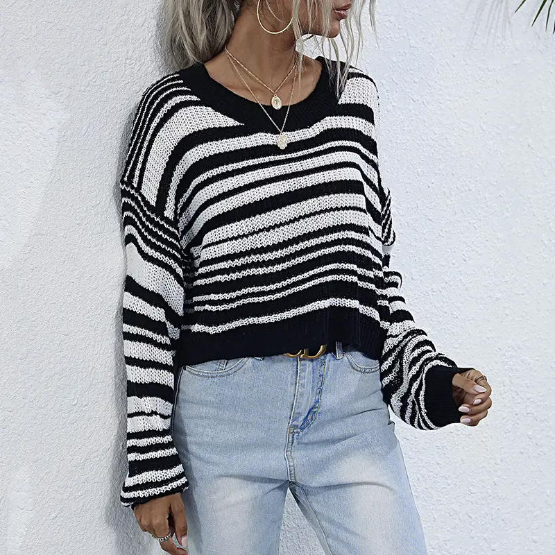 Long Sleeve Striped Knit Sweater Black White - Image 6