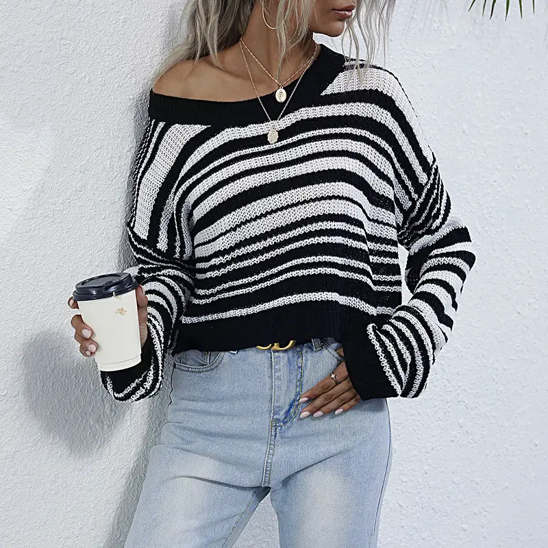 Long Sleeve Striped Knit Sweater Black White - Image 7