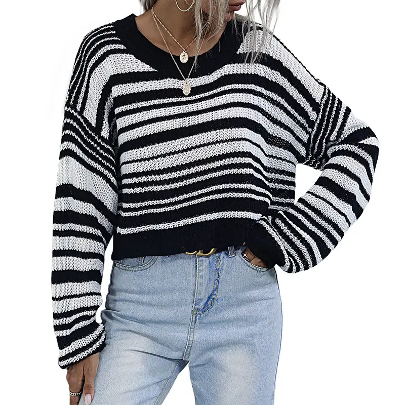 Long Sleeve Striped Knit Sweater Black White - Image 8