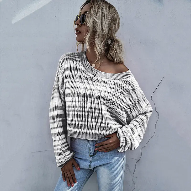Long Sleeve Striped Knit Sweater Black White - Image 3