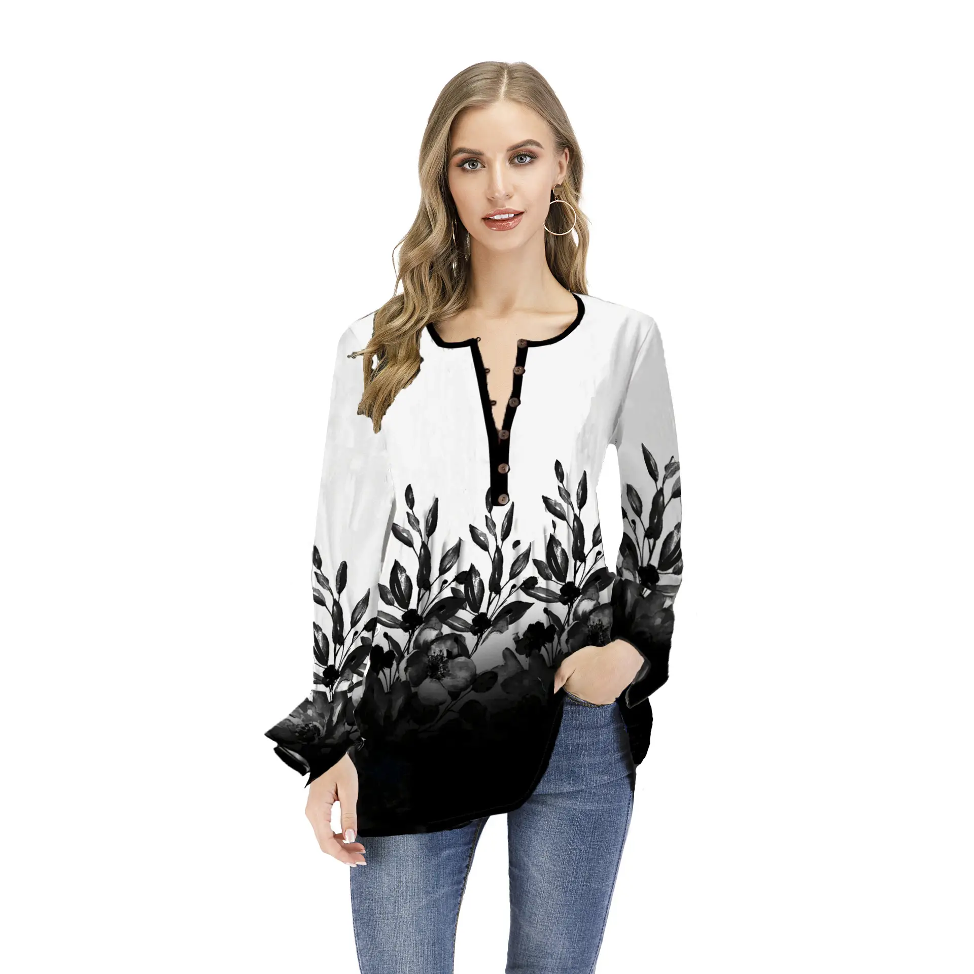 2023 Women's Printed Open Collar Long Sleeve T-Shirt White Black - Image 5