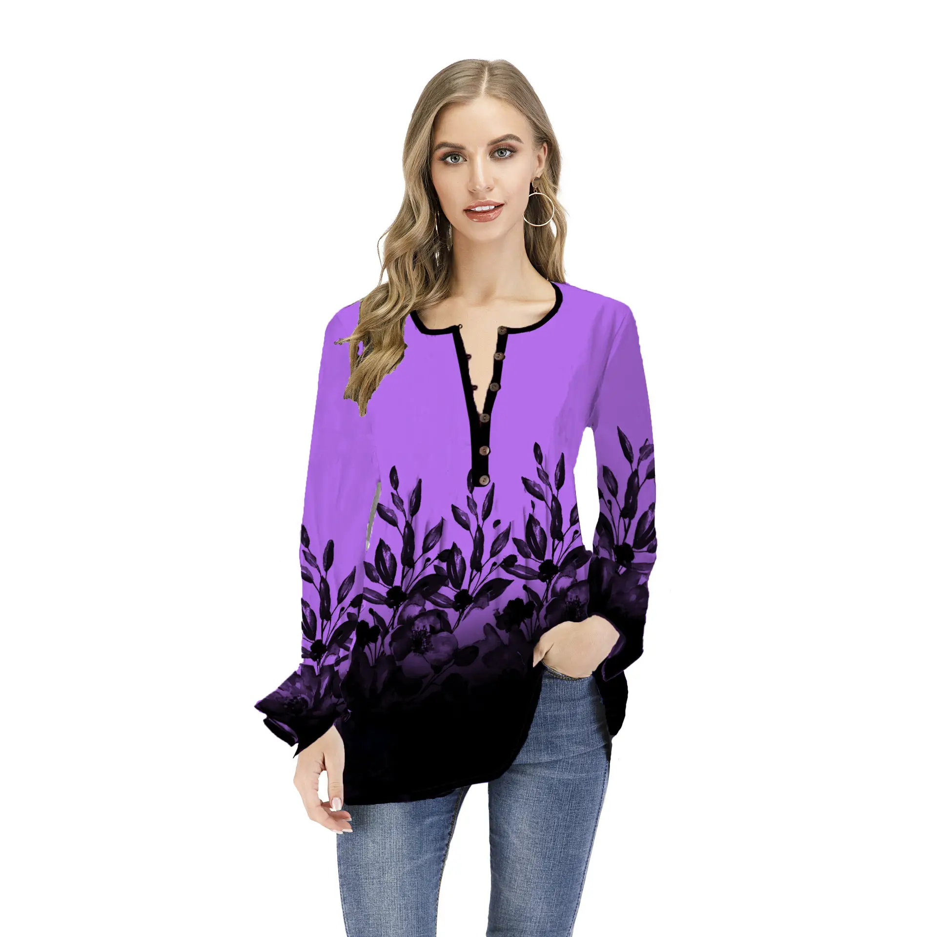 2023 Women's Printed Open Collar Long Sleeve T-Shirt White Black - Image 2