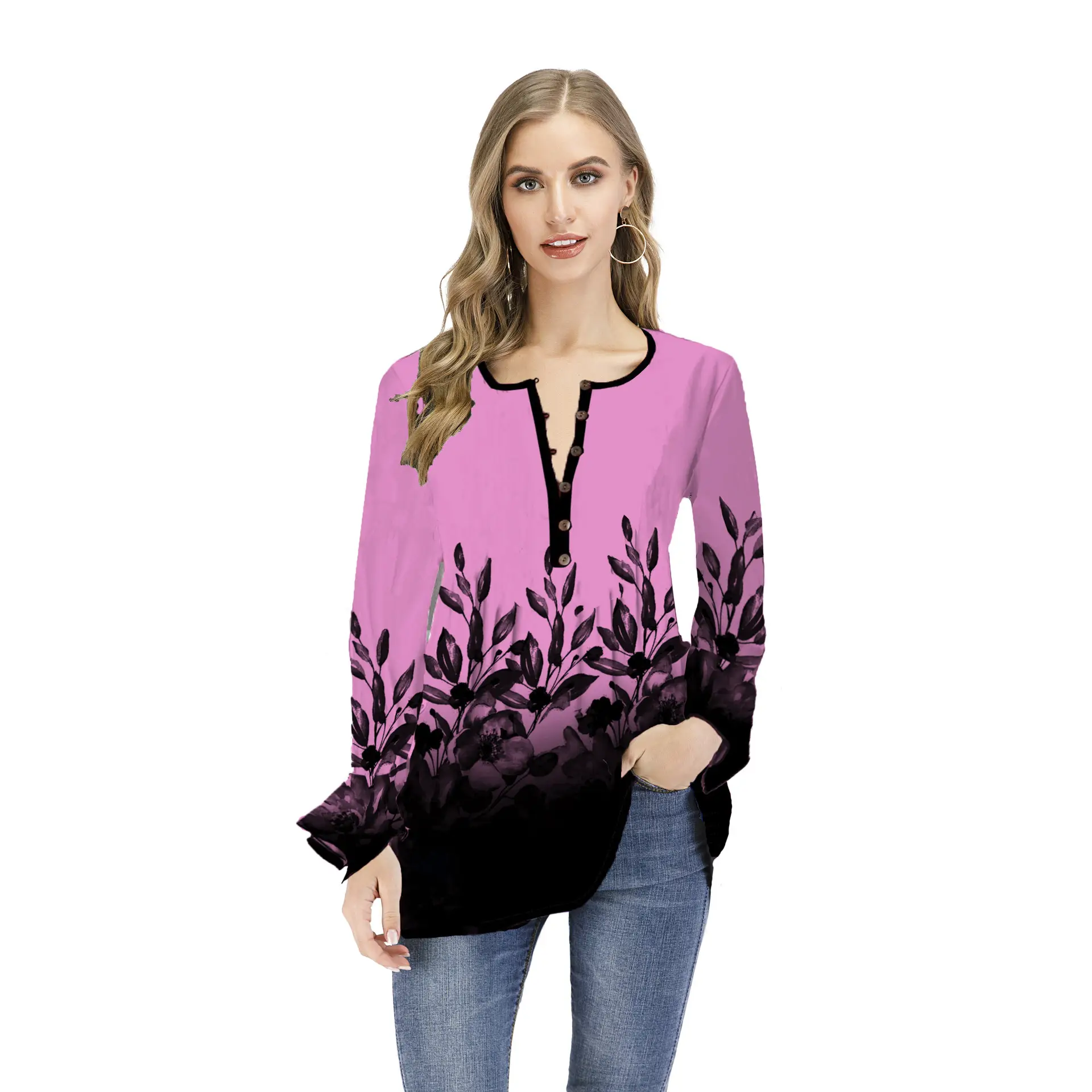 2023 Women's Printed Open Collar Long Sleeve T-Shirt White Black - Image 4