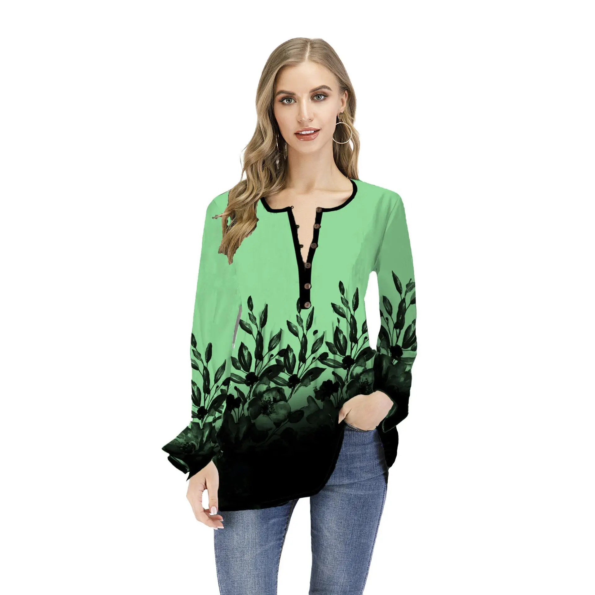 2023 Women's Printed Open Collar Long Sleeve T-Shirt White Black - Image 9