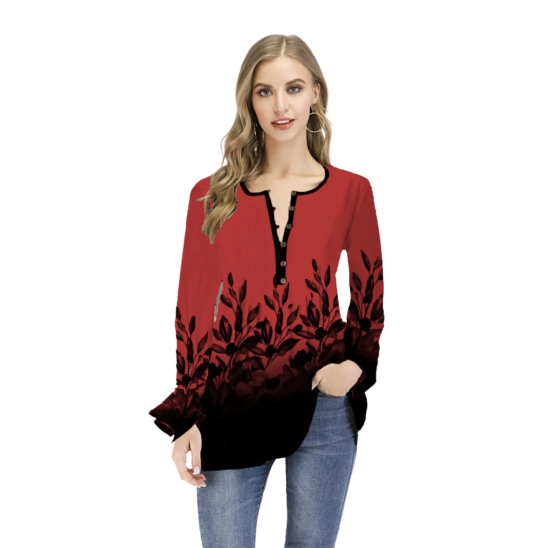 2023 Women's Printed Open Collar Long Sleeve T-Shirt White Black - Image 3