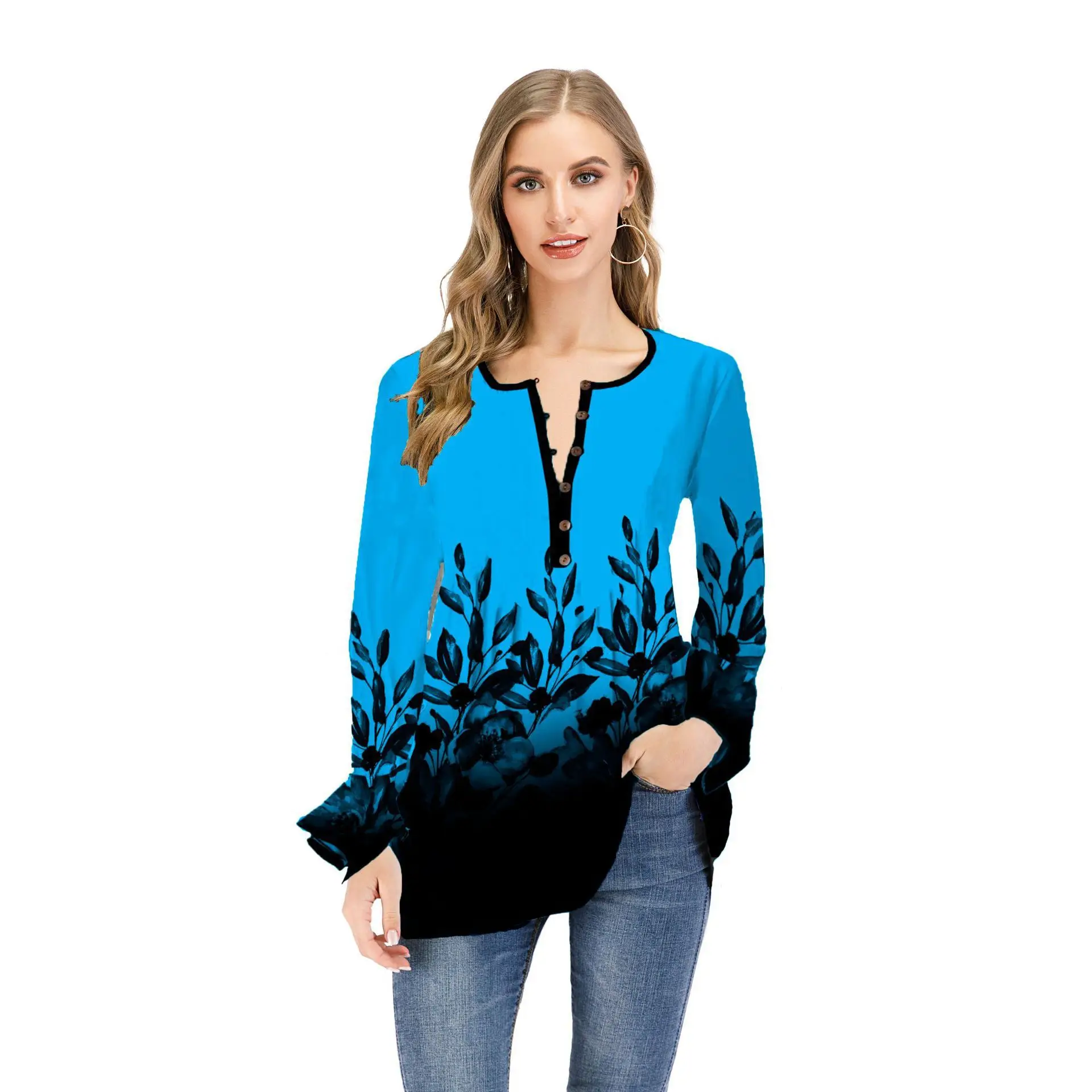 2023 Women's Printed Open Collar Long Sleeve T-Shirt White Black - Image 6