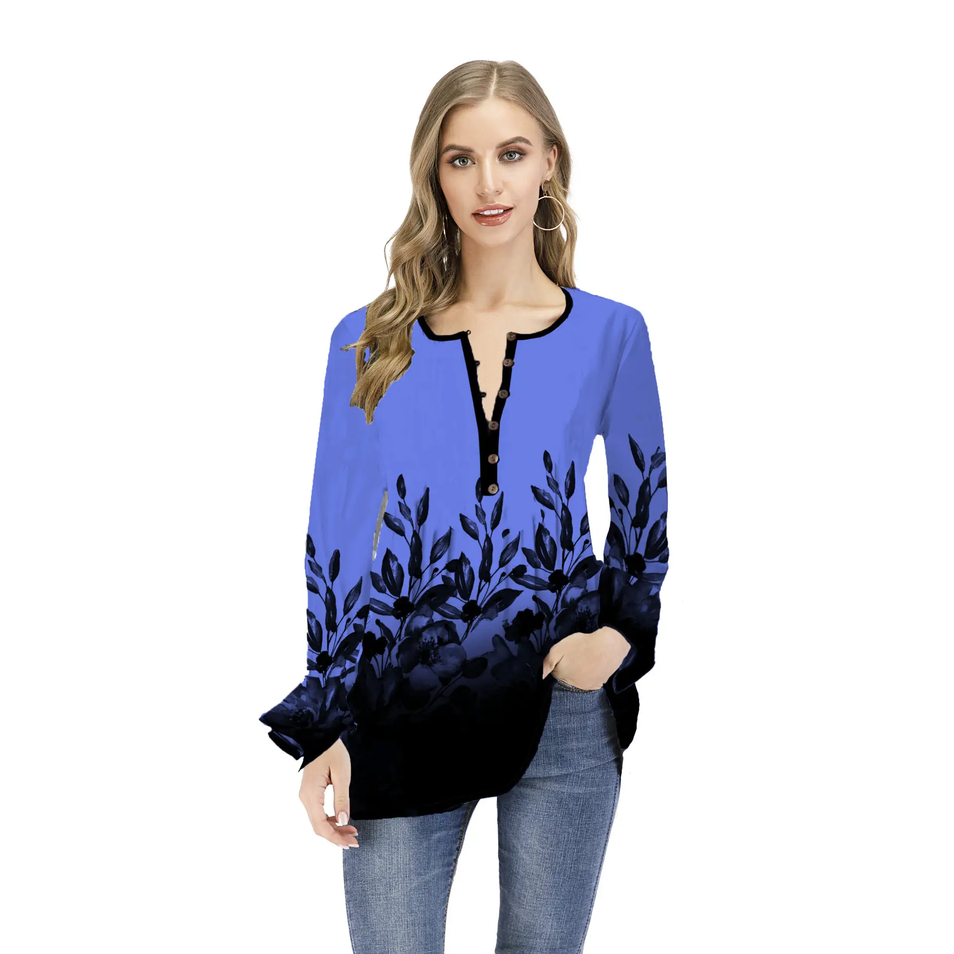 2023 Women's Printed Open Collar Long Sleeve T-Shirt White Black - Image 7