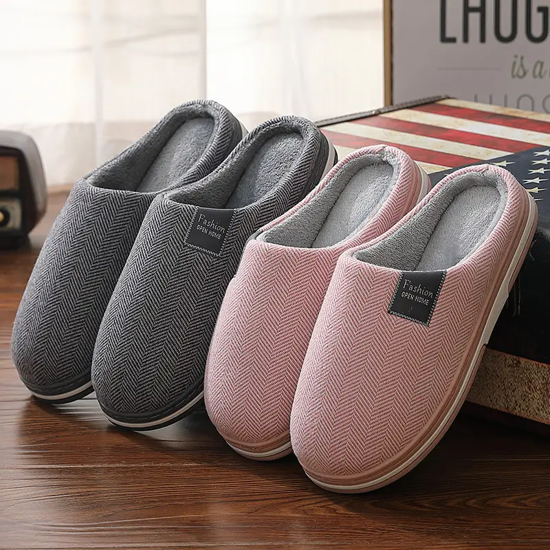 Cotton slippers women's household winter home couple indoor non-slip simple plush fabric warm cotton shoes men's wholesale winter
