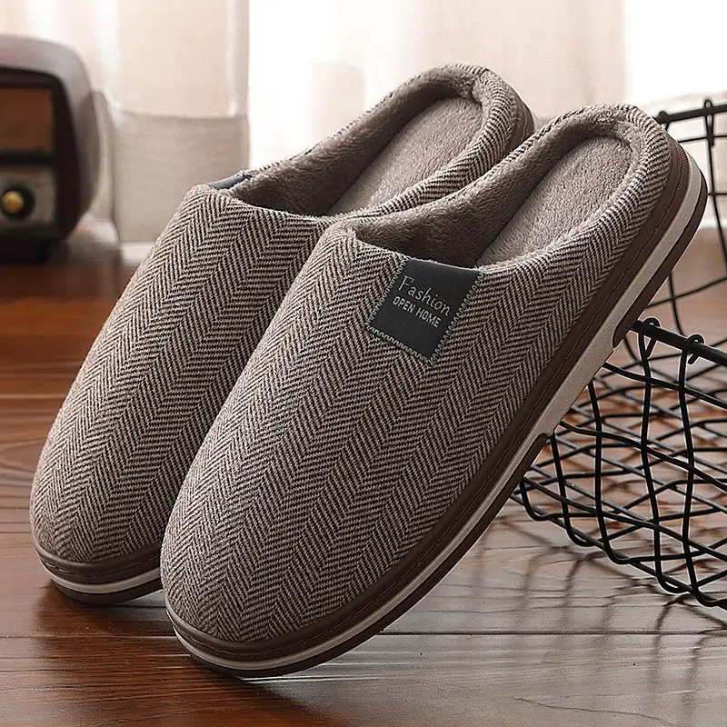 Cotton slippers women's household winter home couple indoor non-slip simple plush fabric warm cotton shoes men's wholesale winter