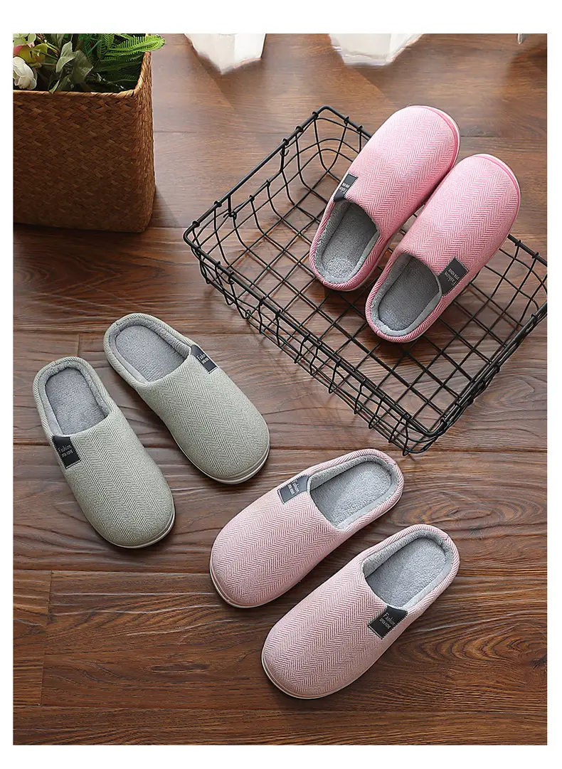 Cotton slippers women's household winter home couple indoor non-slip simple plush fabric warm cotton shoes men's wholesale winter — feature 23
