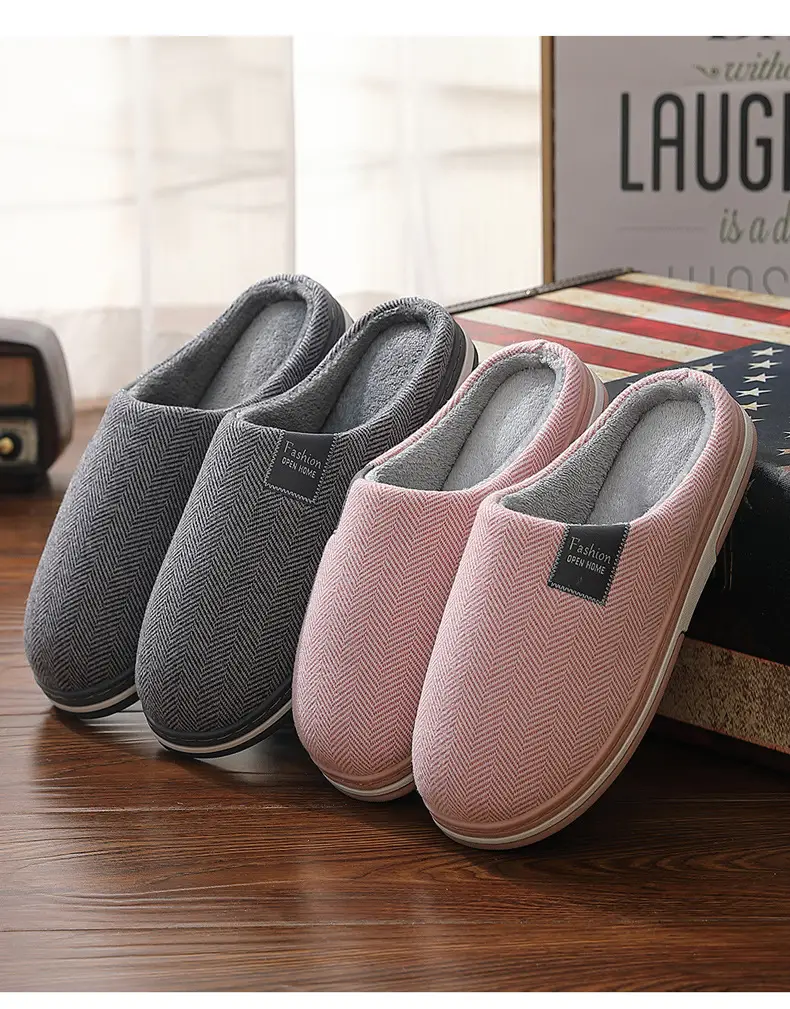 Cotton slippers women's household winter home couple indoor non-slip simple plush fabric warm cotton shoes men's wholesale winter — feature 25