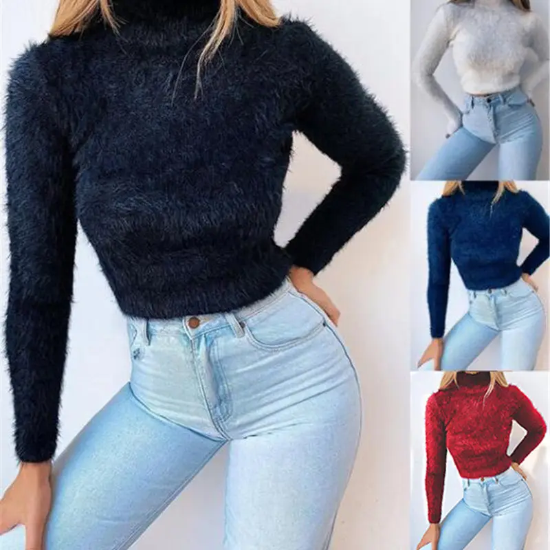 Women Long Sleeve Turtleneck Sweater White Light Blue Jeans Set - Image 5