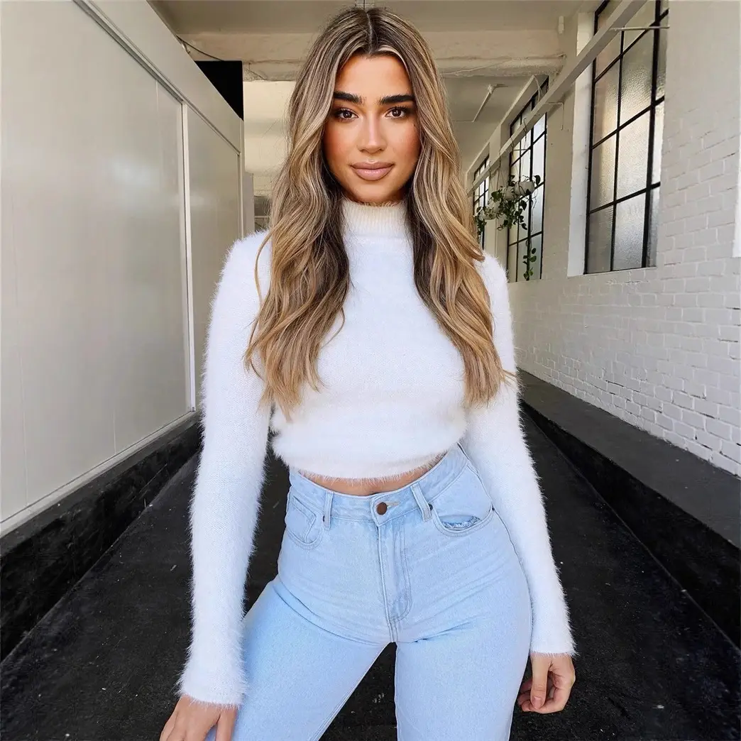 Women Long Sleeve Turtleneck Sweater White Light Blue Jeans Set - Image 6