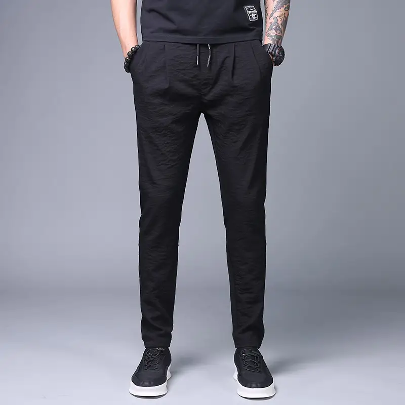 Men's Black Ice Silk Slim Fit Pants Summer Loose Large - Image 2