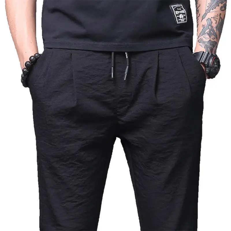 Men's Black Ice Silk Slim Fit Pants Summer Loose Large - Image 6