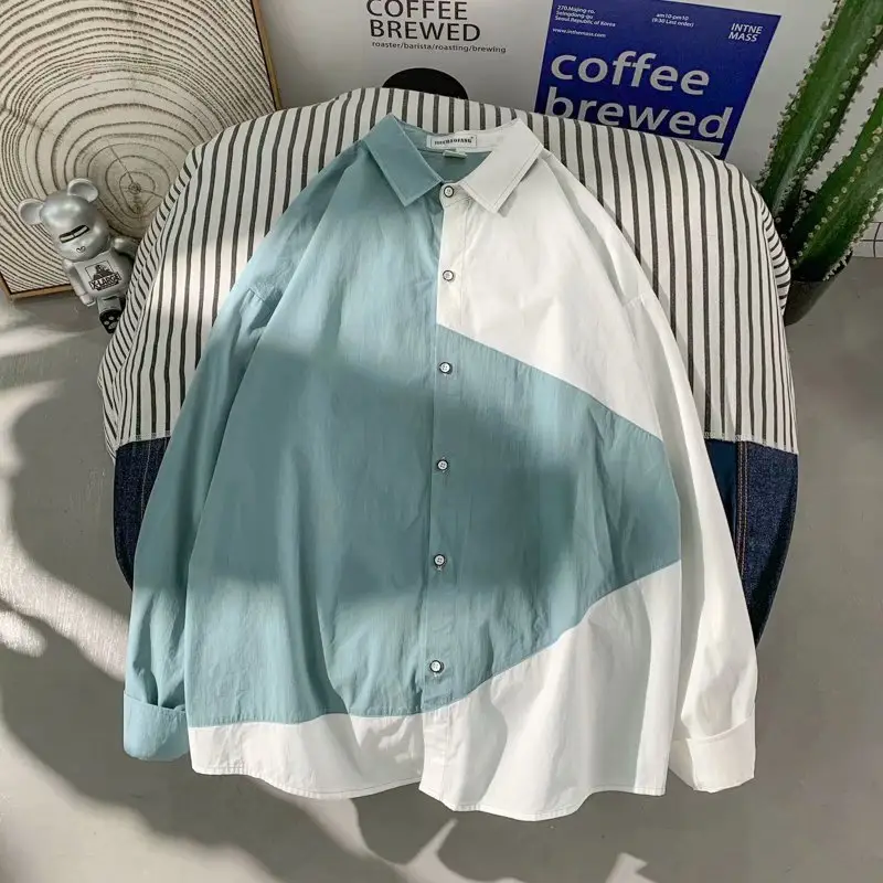 Men's Long Sleeve Harajuku Style Shirt Blue White — feature 56