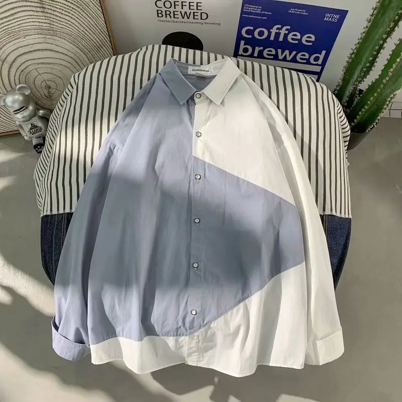 Men's Long Sleeve Harajuku Style Shirt Blue White — feature 58