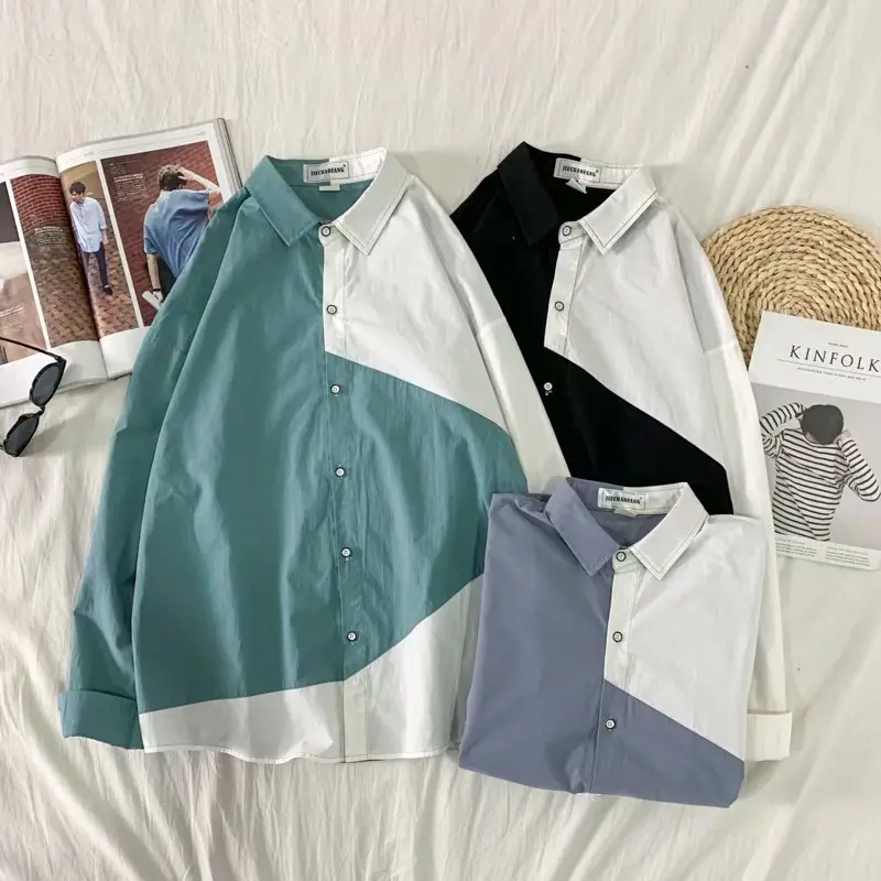 Men's Long Sleeve Harajuku Style Shirt Blue White — feature 66