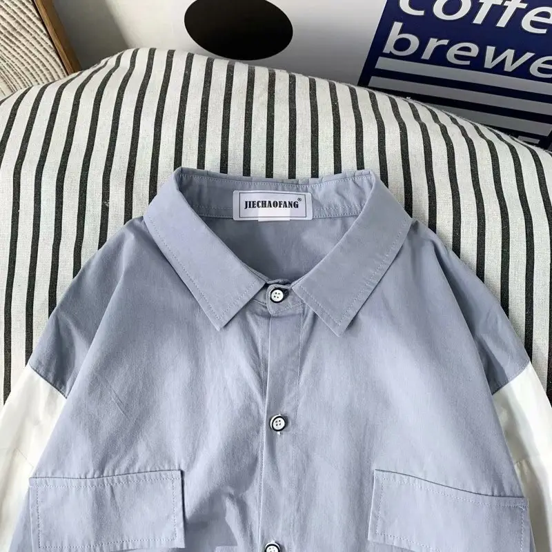 Men's Long Sleeve Harajuku Style Shirt Blue White — feature 78