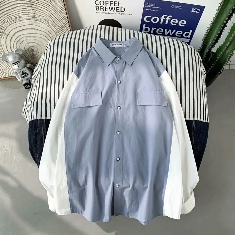 Men's Long Sleeve Harajuku Style Shirt Blue White — feature 83