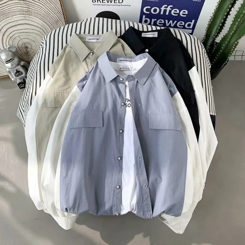 Men's Long Sleeve Harajuku Style Shirt Blue White — feature 87