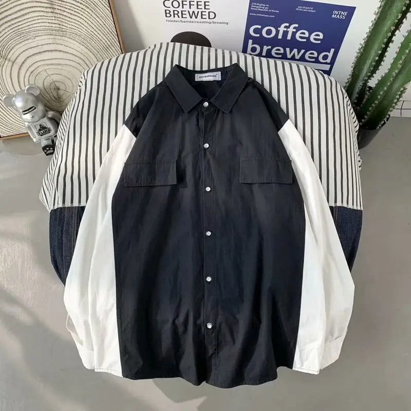 Men's Long Sleeve Harajuku Style Shirt Blue White - Image 2