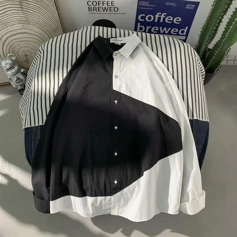 Men's Long Sleeve Harajuku Style Shirt Blue White - Image 5