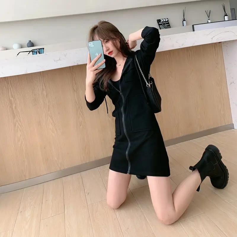 Women's Black Hooded Zipper Shorts Set Spring Autumn - Image 7