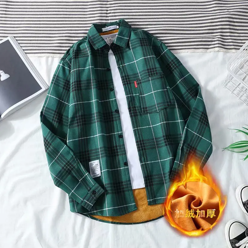 Men Plaid Fleece Lined Long Sleeve Shirt Jacket Set - Image 8