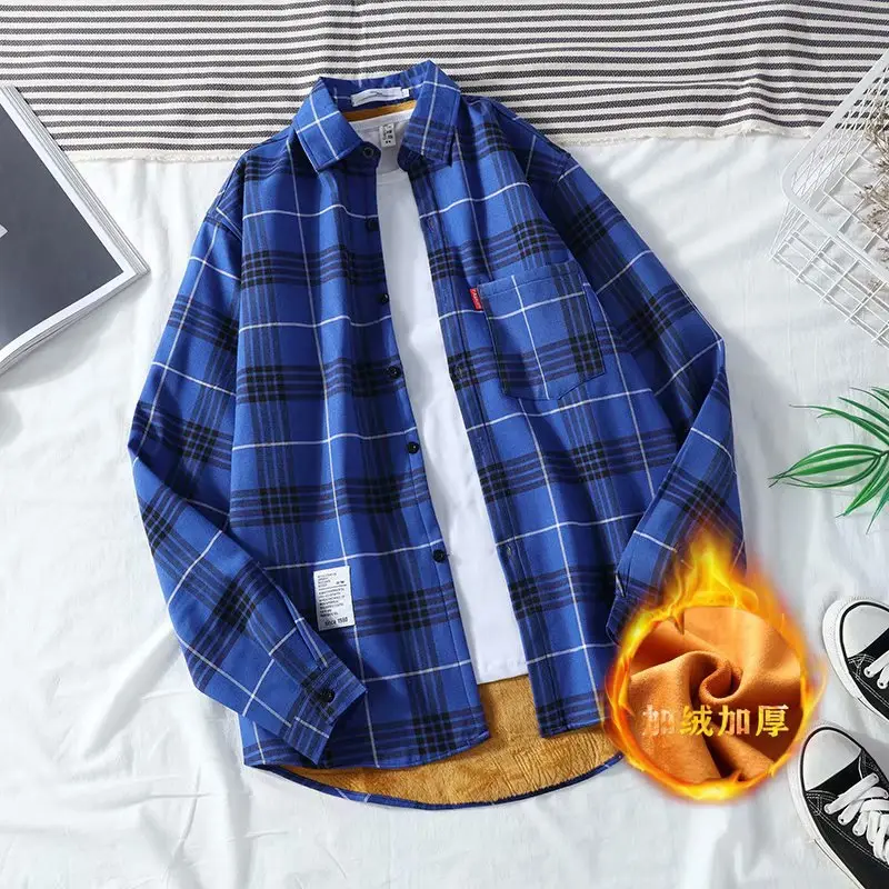 Men Plaid Fleece Lined Long Sleeve Shirt Jacket Set - Image 4