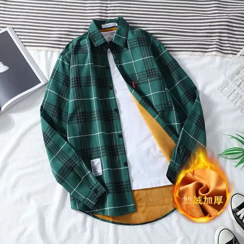 Men Plaid Fleece Long Sleeve Shirt Green Plus Size - Image 4