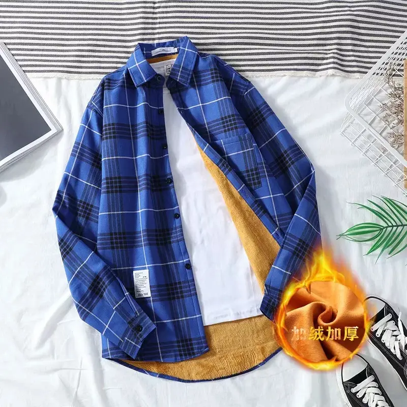 Men Plaid Fleece Long Sleeve Shirt Green Plus Size - Image 6